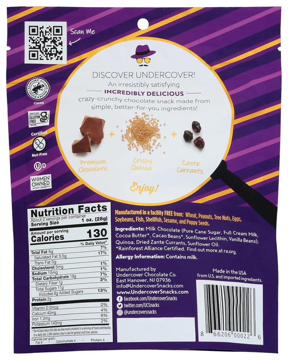 Undercover Chocolate Quinoa Crisps, Milk Chocolate + Currants - 2 oz