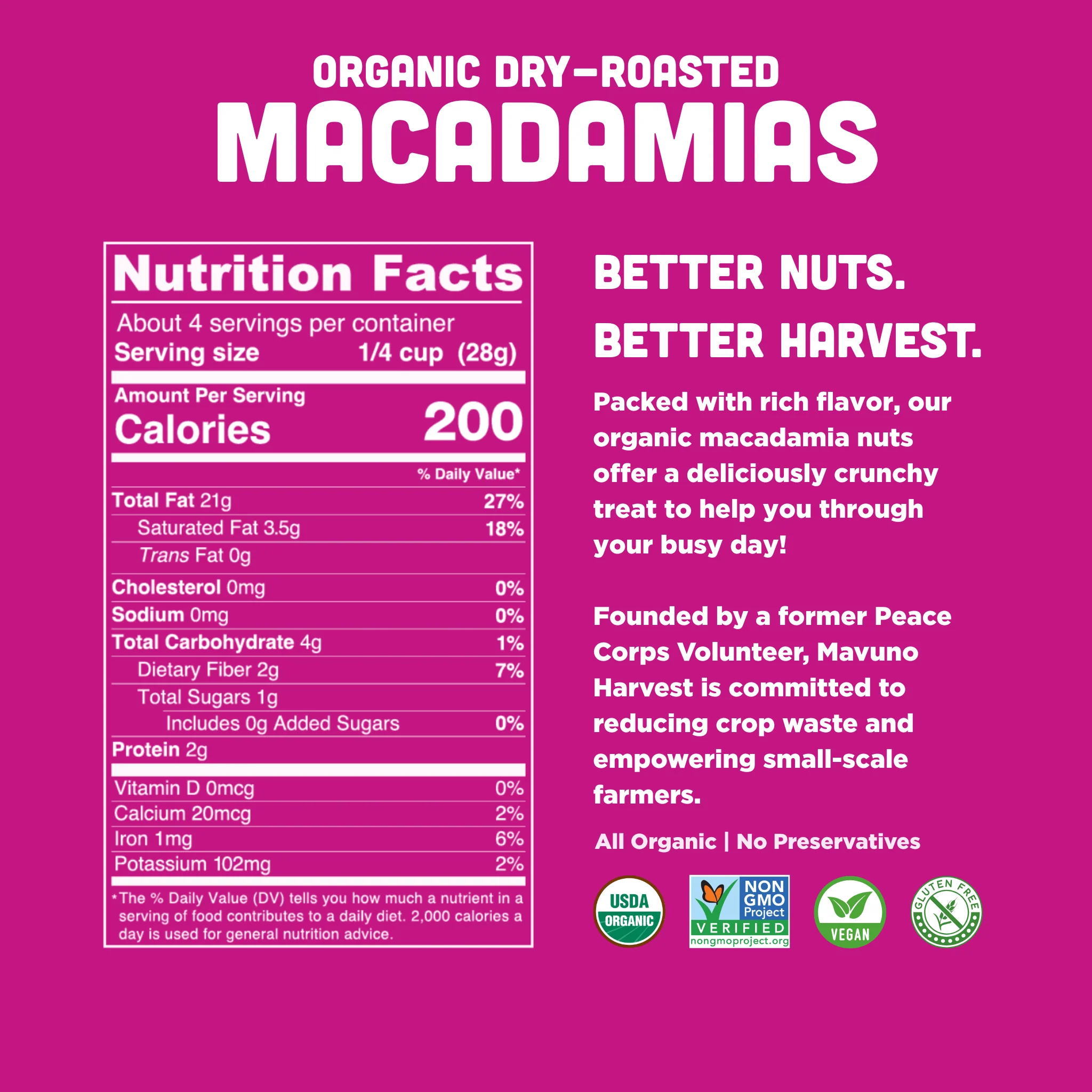 Mavuno Harvest Organic Roasted Macadamia Nuts, Dry Roasted Whole