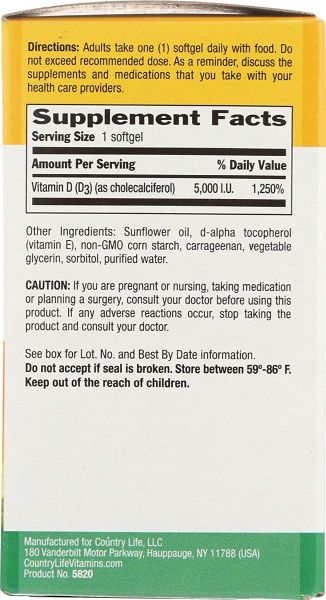 Country Life Vegan D3 - 5000 IU - 30 Vegan Softgels
