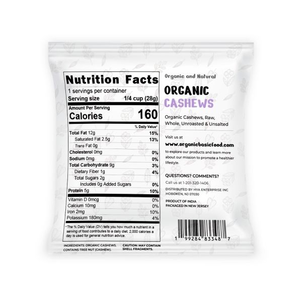 Organic Cashews, Raw, Whole | Non-GMO | Vegan | Gluten-Free - 1 oz