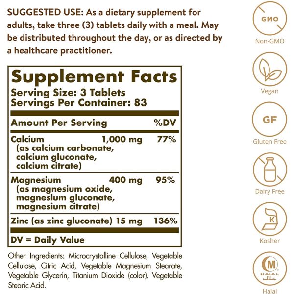 Solgar Calcium Magnesium plus Zinc - 250 Tablets