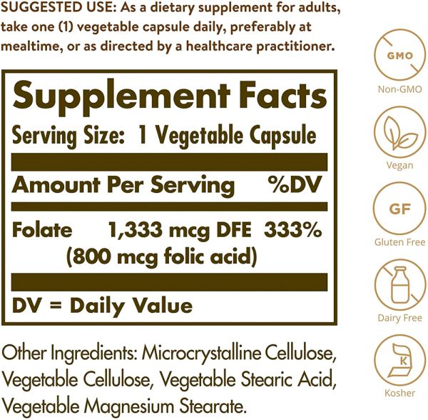 Solgar Folate 1,333 mcg Dietary Folate Equivalent (800 mcg Folic Acid) 100 Vegetable Capsules