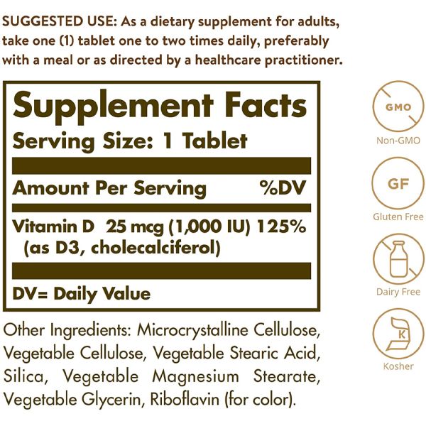 Solgar Vitamin D3 (Cholecalciferol) 25 mcg (1000 IU) 90 Tablets