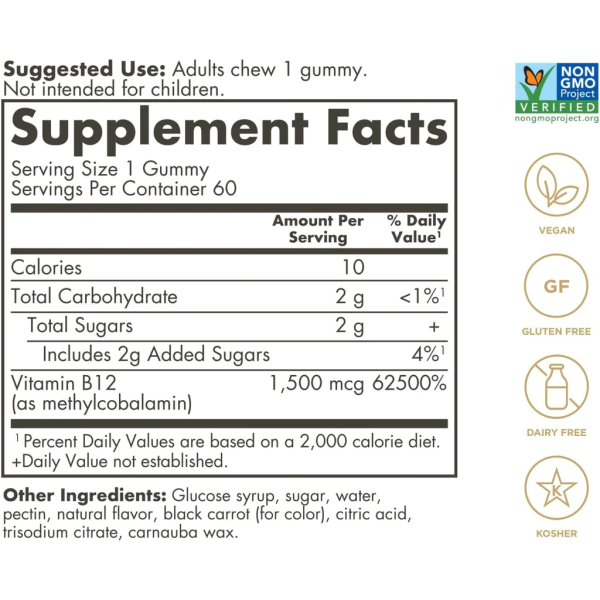 Solgar Ultra Potency B12 Gummies Raspberry - 1500 mcg - 60 Gummies