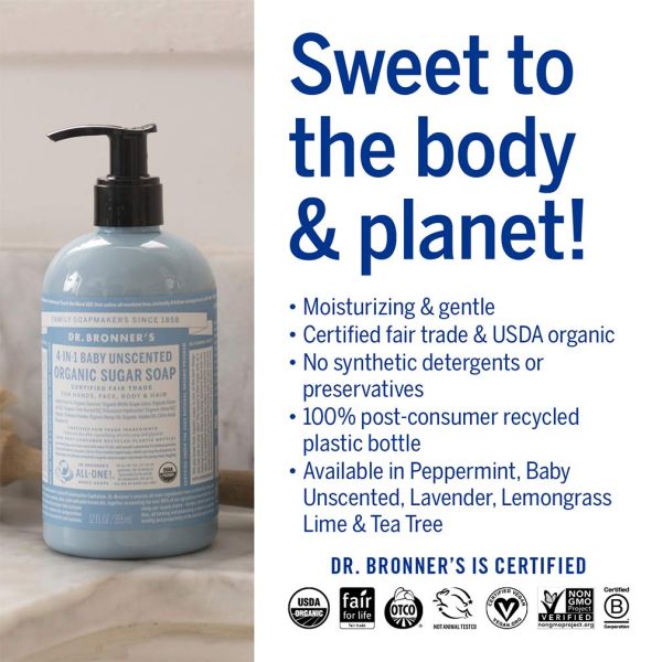 Dr. Bronner's Organic 4-in-1 Pump Soap Sugar Baby Unscented - 12 fl oz