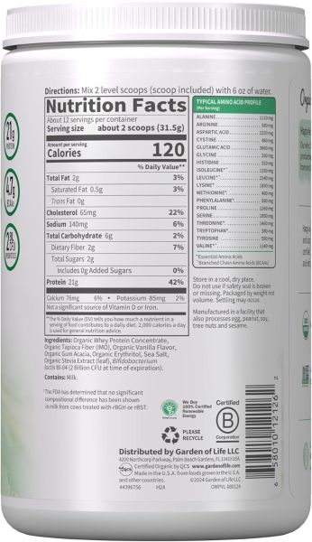 Garden of Life, Organic Whey Protein, Grass-Fed, Vanilla, 13.33 oz (378 g)
