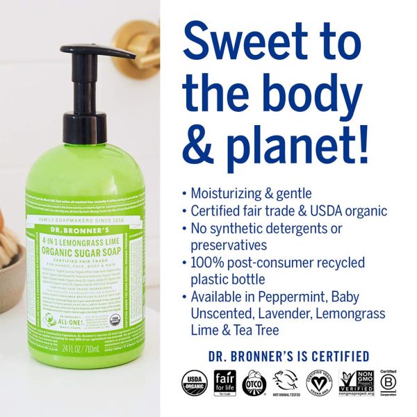 Dr. Bronner's Organic 4-in-1 Pump Soap Sugar Lemongrass Lime - 12 fl oz