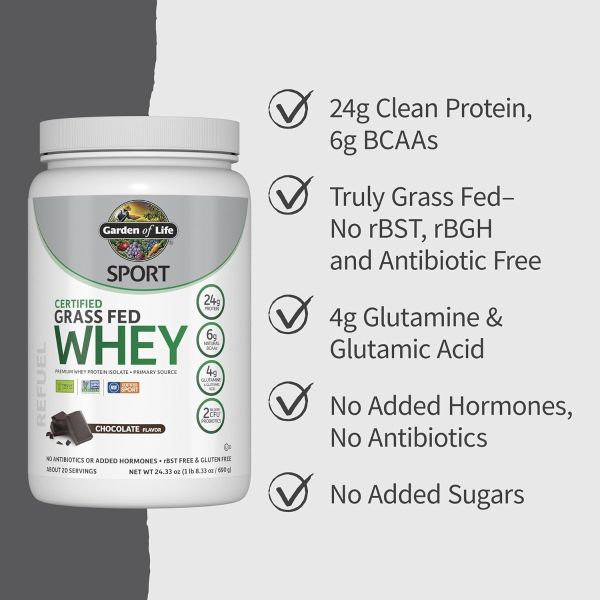 Garden of Life Sport Certified Grass Fed Whey Protein - NSF Certified for Sport Chocolate - 20 Servings