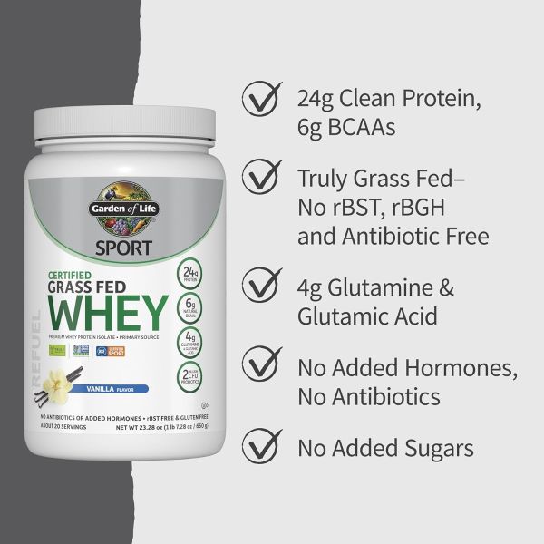 Garden of Life, Sport, Certified Grass Fed Whey, Vanilla, 1 lb 7.28 oz (660 g)