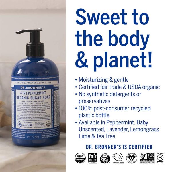 Dr. Bronner's Organic 4-in-1 Pump Soap Sugar Peppermint - 12 fl oz
