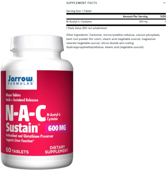 Jarrow Formulas Vegan N-A-C Sustain - 600 mg - 60 Tablets