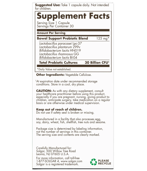 Solgar Advanced Bowel Support Probiotic 30B 30 Capsule