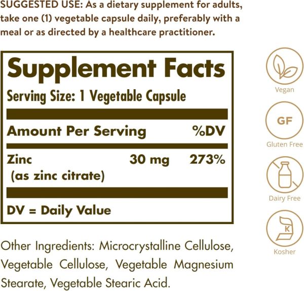 Solgar Zinc Citrate - 30 mg - 100 Vegetable Capsules