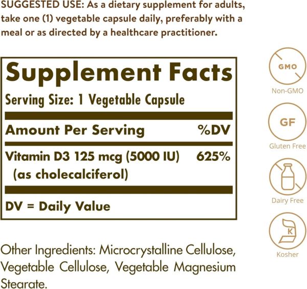 Solgar Vitamin D3 Cholecalciferol - 5000 IU - 120 Vegetable Capsules
