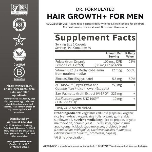 Garden Of Life - Dr. Formulated, Hair Growth+ For Men, 30 Vegetarian Capsules