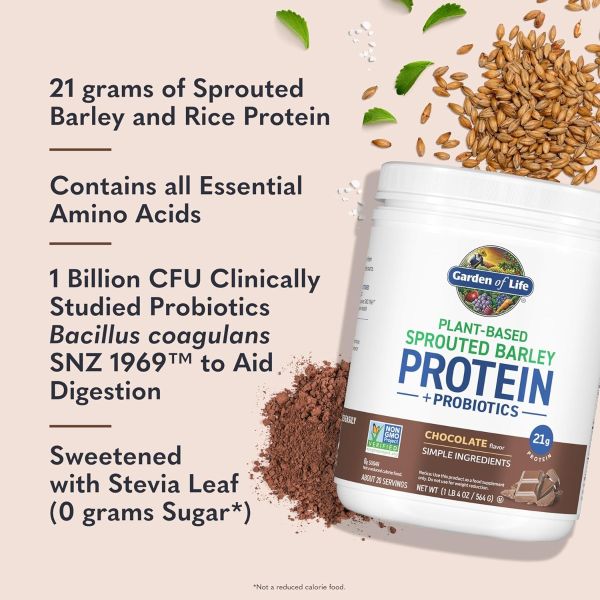 Garden of Life, Plant‑Based Sprouted Barley Protein + Probiotics, Chocolate, 1 lb 4 oz (564 g)