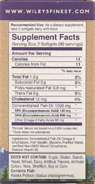Wiley's Finest Wild Alaskan Fish Oil Prenatal DHA - 600 mg - 180 Softgels