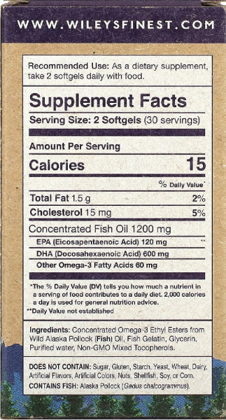 Wiley's Finest Wild Alaskan Fish Oil Prenatal DHA - 600 mg - 60 Softgels