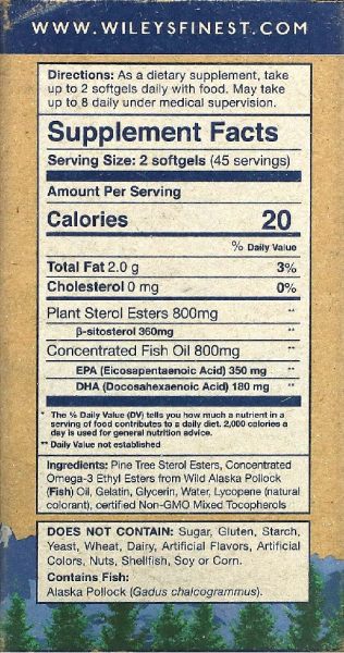 Wiley's Finest Wild Alaskan Fish Oil Cholesterol Support - 800 mg - 90 Softgels