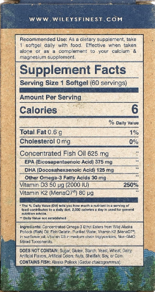 Wiley's Finest Wild Alaskan Fish Oil Vitamin K2 - 60 Softgels