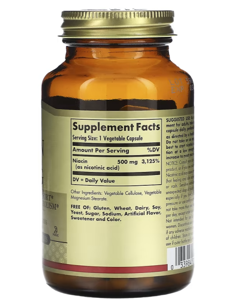 Solgar Niacin Vitamin B3 - 500 mg - 100 Vegetable Capsules