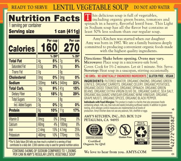 Amy's Organic Soup, Light in Sodium Lentil Vegetable - 14.5 fl oz