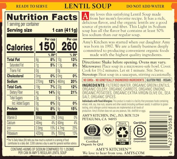 Amy's Organic Soup, Light in Sodium Lentil - 14.5 fl oz