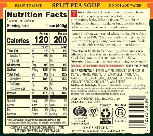 Amy's Organic Soup, Light in Sodium Split Pea - 14.1 fl oz