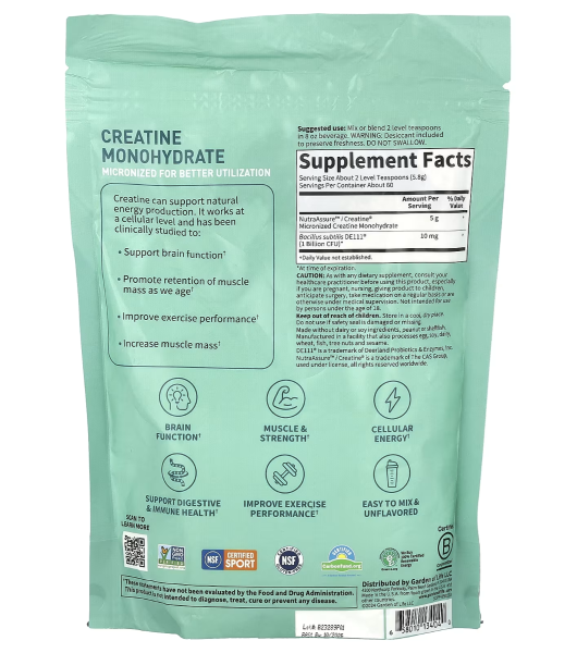 Garden of Life NSF Certified For Sport - Creatine Monohydrate + Probiotics Unflavored - 60 Servings