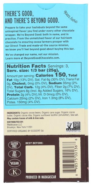 Beyond Good Organic 72% Sea Salt & Nibs Microbatch Chocolate Bar - 2.12 oz