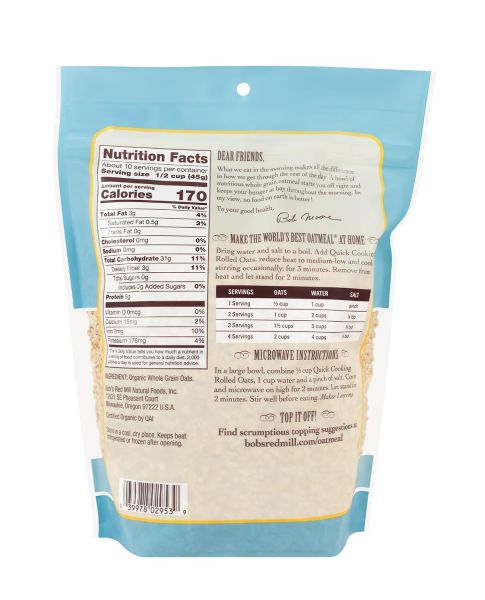 Bob's Red Mill Organic Whole Grain Rolled Oats, Quick Cooking - 16 oz