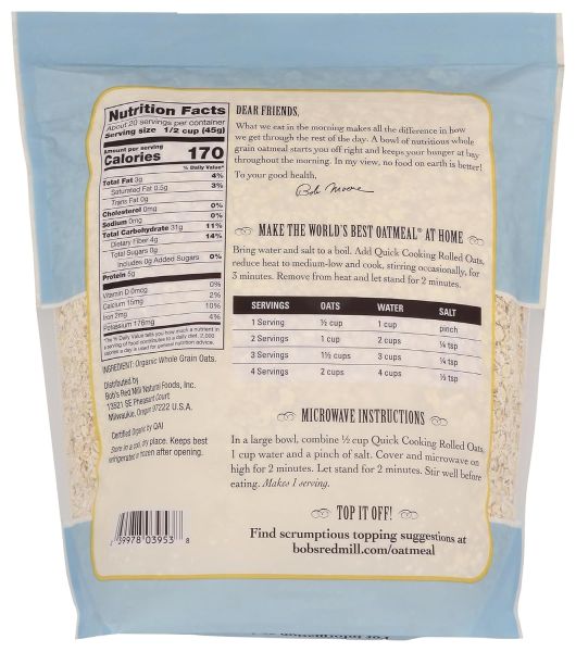 Bob's Red Mill Organic Whole Grain Rolled Oats, Quick Cooking - 32 oz