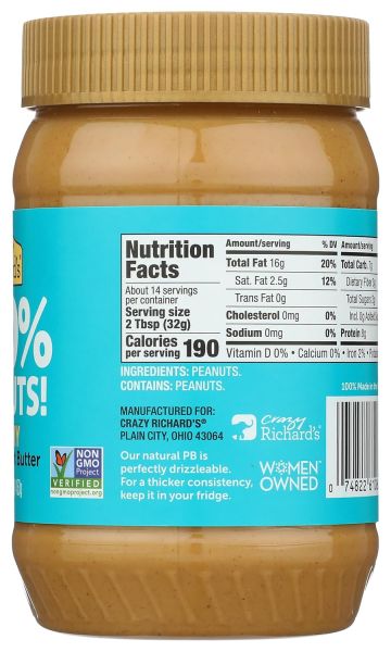 Crazy Richard's 100% All-Natural Vegan Peanut Butter, Creamy & Crunchy