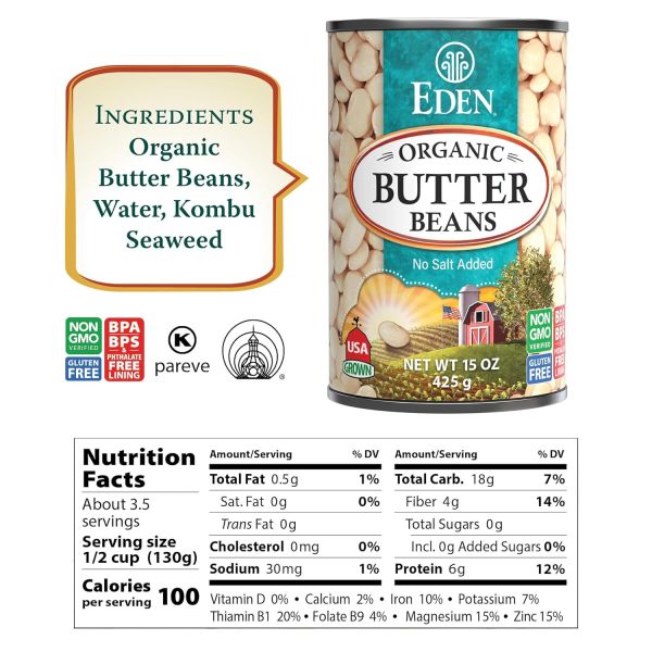 Eden Organic Butter Beans, No Salt Added - 15 oz