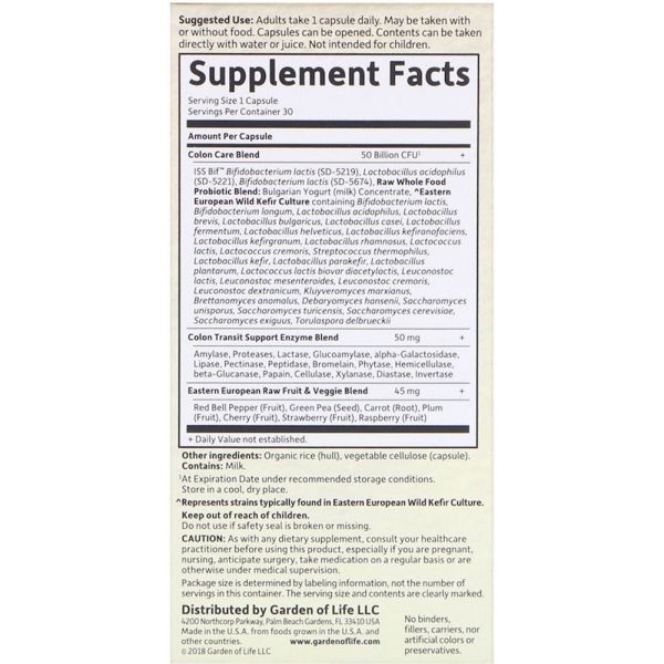 Garden of Life Raw Probiotics Colon Care - 50 billion CFU - 30 Vegetarian Capsules