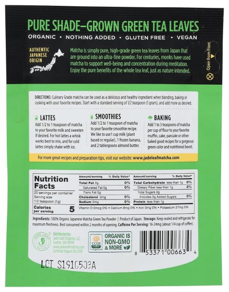 Jade Leaf Matcha Organic Japanese Matcha - 20 g