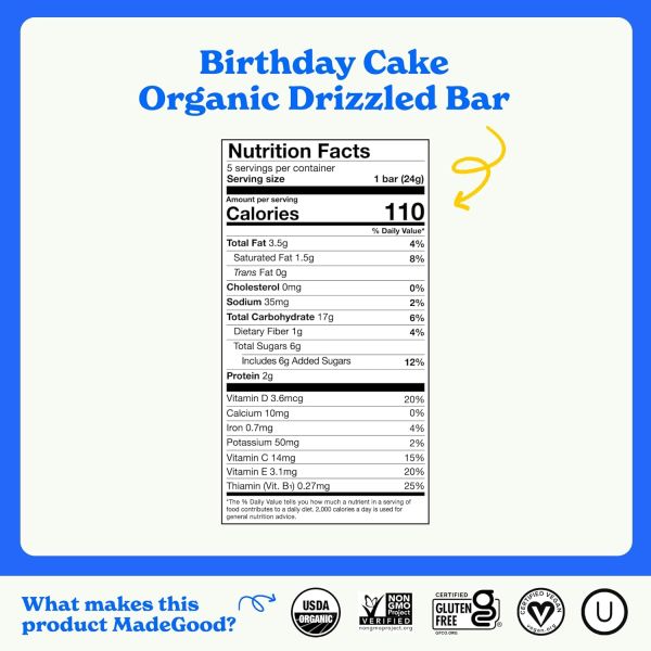 MadeGood Organic Chewy Chocolate Drizzled Granola Bars, Birthday Cake - 5 Bars