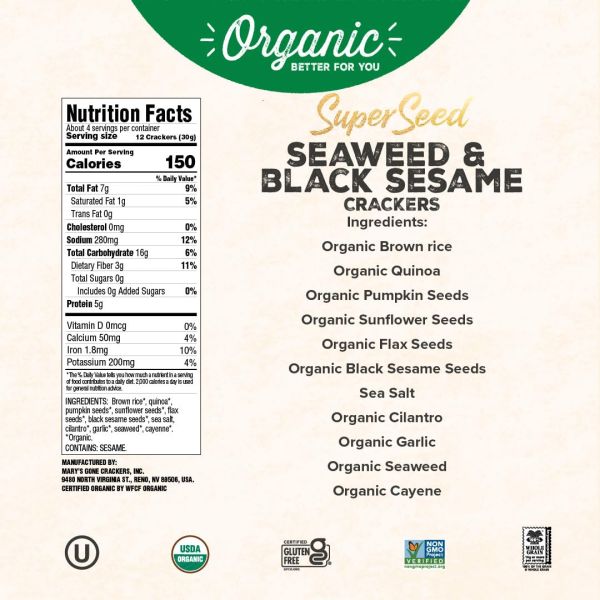 Mary's Gone Crackers Organic Super Seed Crackers, Seaweed & Black Sesame - 4 oz