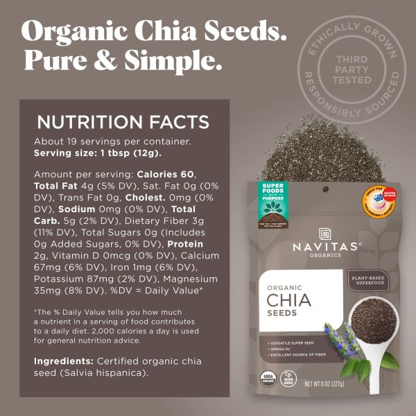 Navitas Organics Organic Chia Seeds, Omega-3s & Fiber - 8 oz