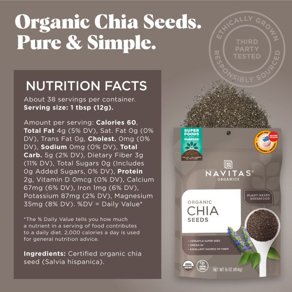 Navitas Organics Organic Chia Seeds, Omega-3s & Fiber - 16 oz
