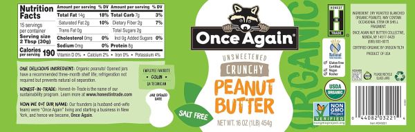 Once Again Organic Crunchy Peanut Butter, Unsalted - 16 oz