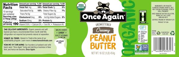 Once Again Organic Creamy Peanut Butter, Unsalted - 16 oz