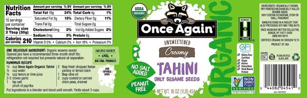 Once Again Organic Unsweetened Tahini, Creamy - 16 oz