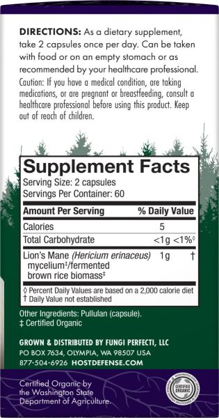 Host Defense Mushrooms Organic Lion's Mane Capsules - 120 Capsules