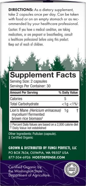 Host Defense Mushrooms Organic Lion's Mane Capsules - 60 Capsules