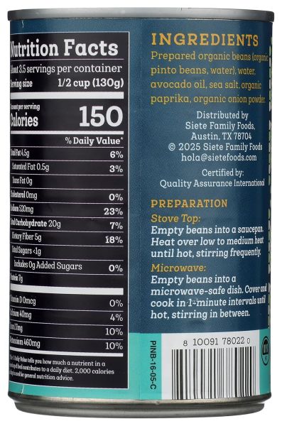 Siete Vegan Refried Pinto Beans with Avocado Oil - 16 oz