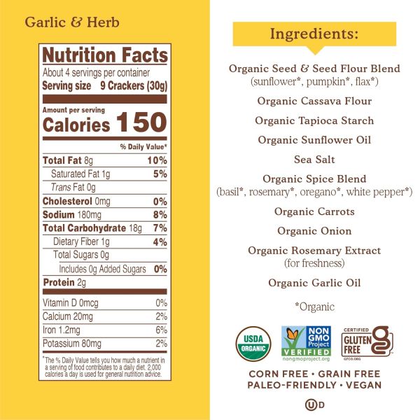 Simple Mills Organic Seed Flour Crackers, Garlic & Herb - 4.25 oz