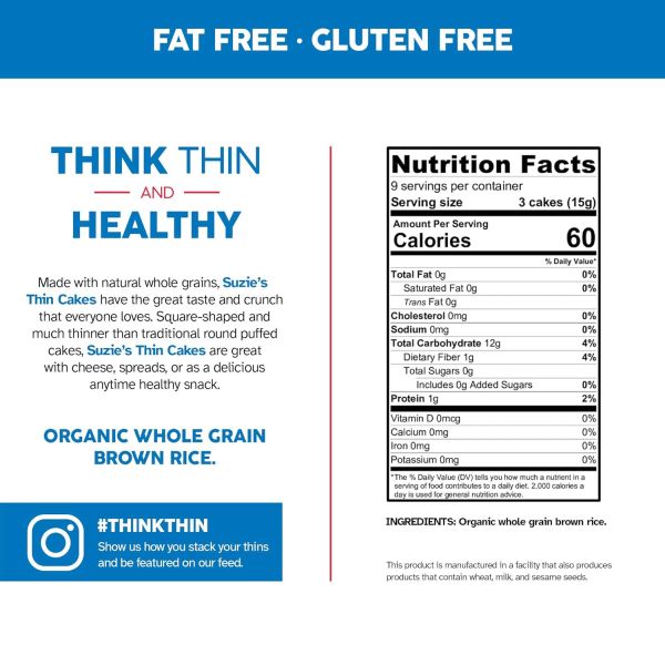 Suzie's Organic Brown Rice Cake Thins, Unsalted