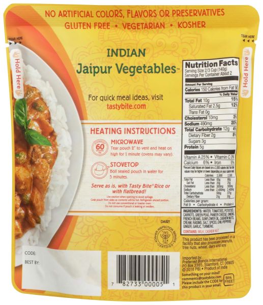 Tasty Bite Gluten Free Non-GMO Vegetables & Paneer - 10 oz