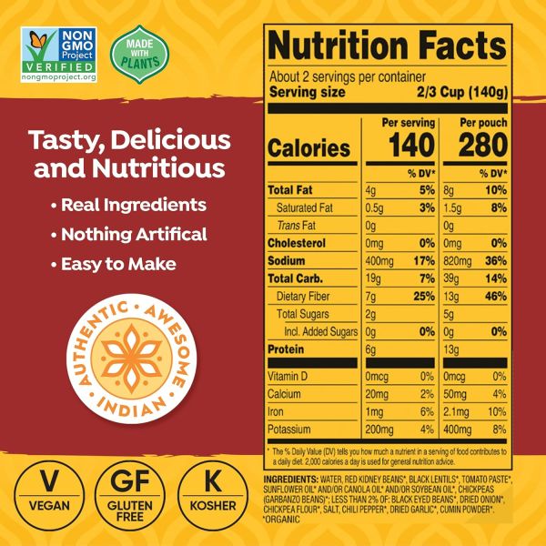 Tasty Bite Vegan Organic 3 Bean Madras Lentils - 10 oz